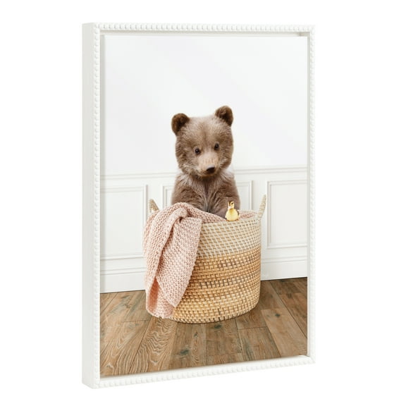 Kate and Laurel Sylvie Beaded Bear Cub In Laundry Basket Traditional Style Vintage Framed Canvas Wall Art by Amy Peterson, 18x24 White, Modern Fun Animal Laundry Wall Art for Home Décor