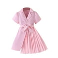 thumbnail image 2 of Yunliwuli Little Girl Elegant Dress Short Puff Sleeves Notched Lapel Asymmetrical A-Line Dress with Belt, 2 of 10