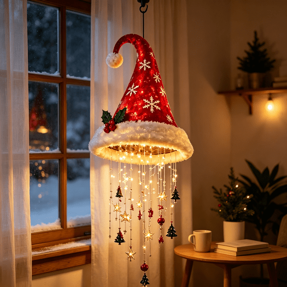 Lighted Santa Hat Hanging Chandelier Warm LED Christmas String Light, Festive Hanging Decor for Christmas Home Party and Holiday Display