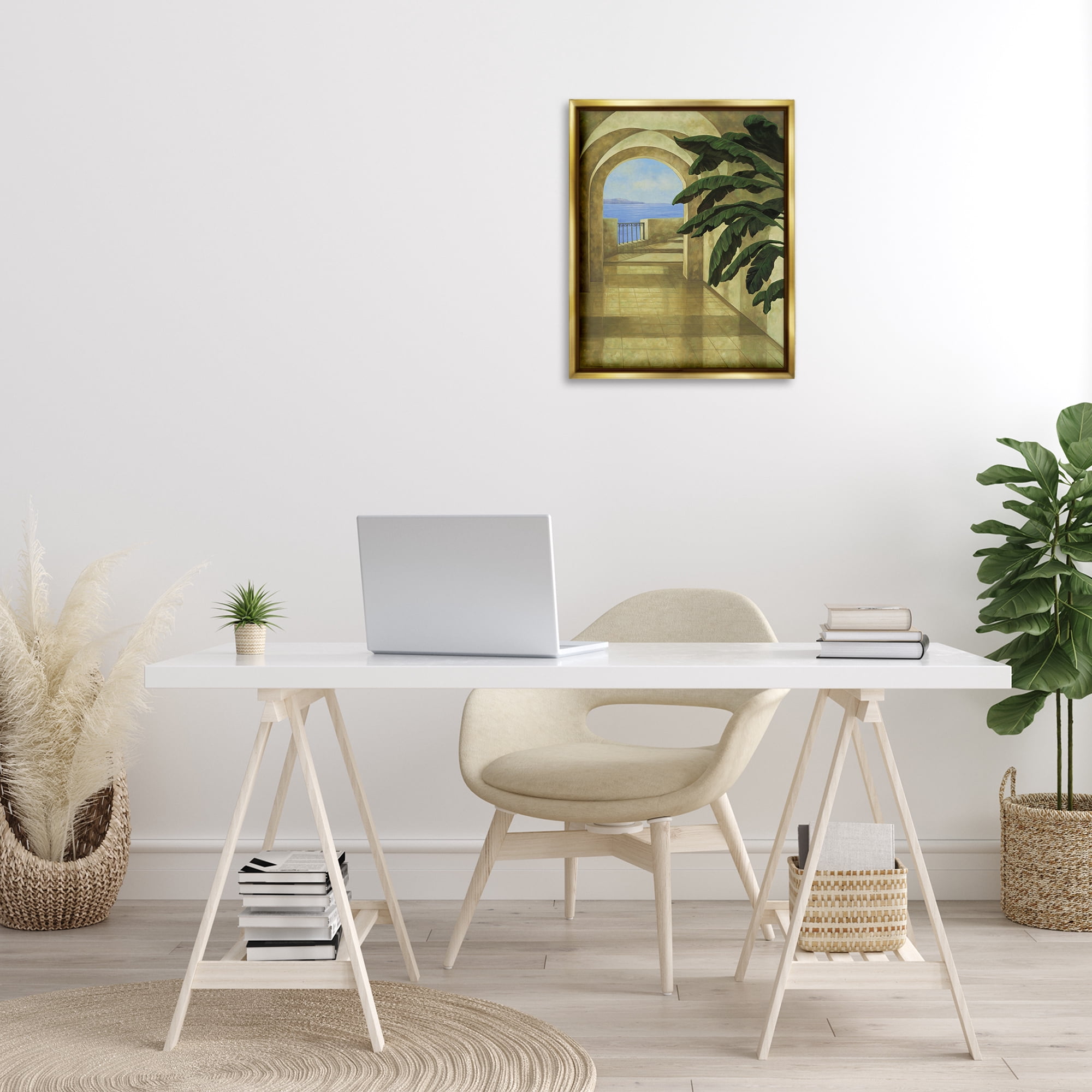 Stupell Industries Coastal Villa Palm Town & City Painting Gold Floater Framed Art Print Wall Art, 17 x 21