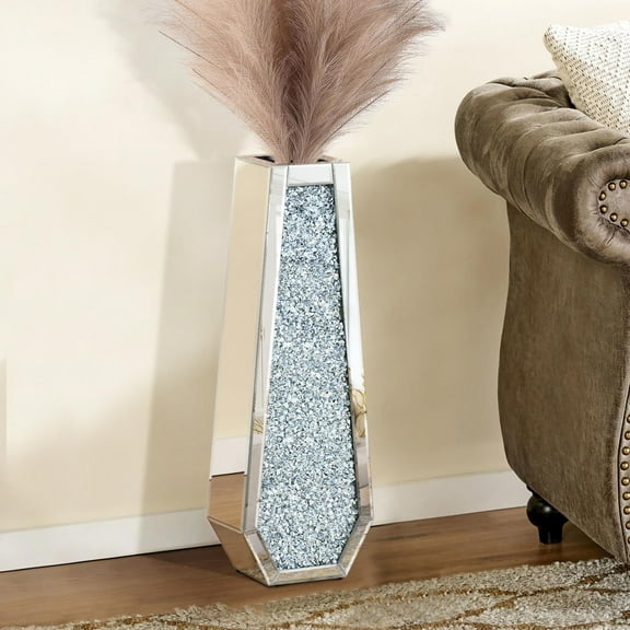 GA Home 24" Tall Crushed Diamond Floor Vase, Silver Large Vases for Decor Living Room, Crystal Mirrored Home Decor Vases for Dried Flower