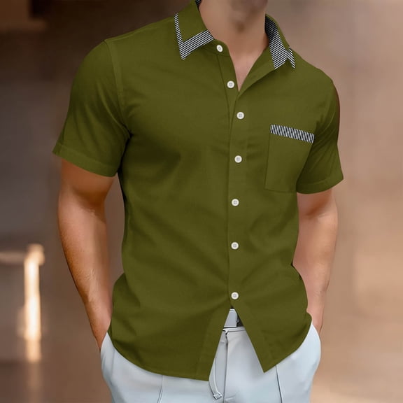 PNTUTB Men's Solid Color Patchwork Check Collar Button Down Short Sleeve Casual Loose Blouse with Pocket