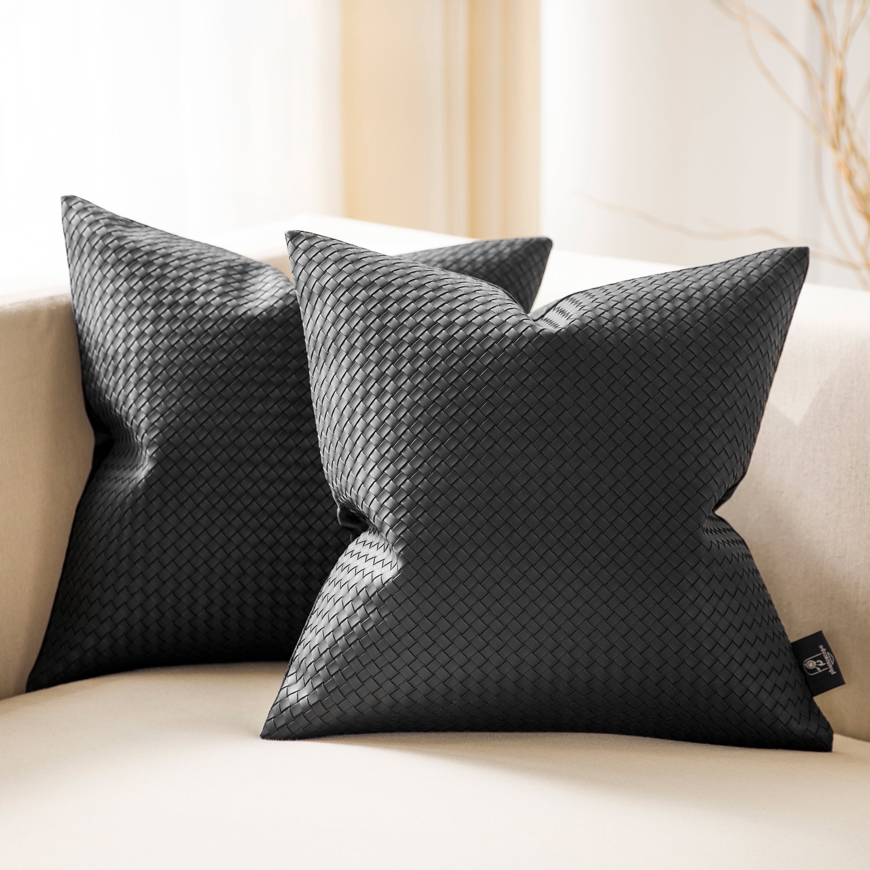 Phantoscope Faux Leather Woven Throw Pillows, Modern Farmhouse Decorative Accent Pillows, Dark Gray, 18 x 18 in, Set of 2