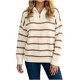 thumbnail image 2 of Womens Knit Tops Striped Quarter Zipper Long Sleeve Fashion Casual Pullover Sweaters for Daily Wear Brown XL, 2 of 7