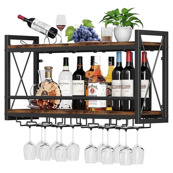 Wall Mounted Wine Rack, 16.02"W Bottle & Glass Holder Wood-Metal Retro Wine Rack, Wine Bottles Display Wall Storage for Kitchen Dining Room Home Bar