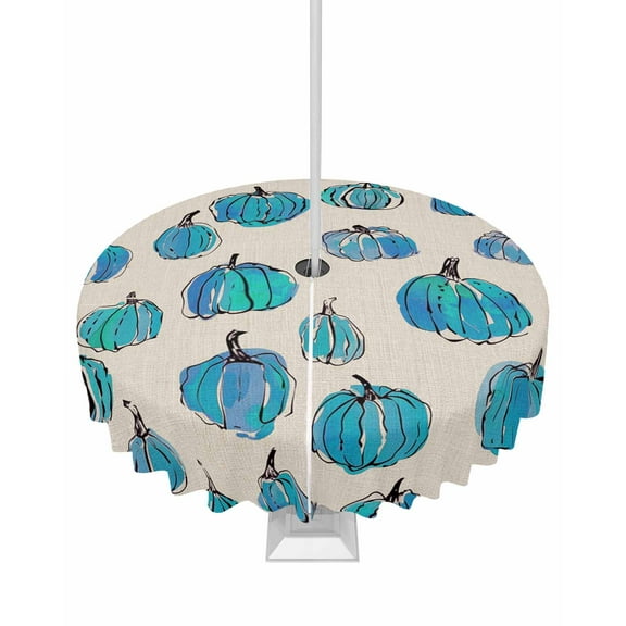 Fsddascl Blue Pumpkins Fall Outdoor Tablecloth - 54 Inch Round Dining Table Cover, Rustic Watercolor Thanksgiving Waterproof Outdoor Table Cloth with Umbrella Hole & Zipper for Picnic/Patio/Party