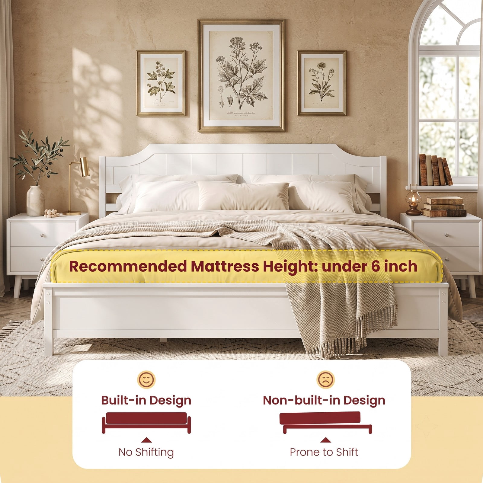 Furnibear King Size Bed Frame, Solid Wood Platform Bed Frame with Curved Headboard and Footboard, King Bed Frame with Headboard No Box Spring, White