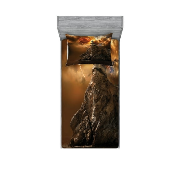 Ambesonne Landscape Fitted Sheet & Pillow Sham Set, Castle Thunder Storm, Twinxl, Orange Brown