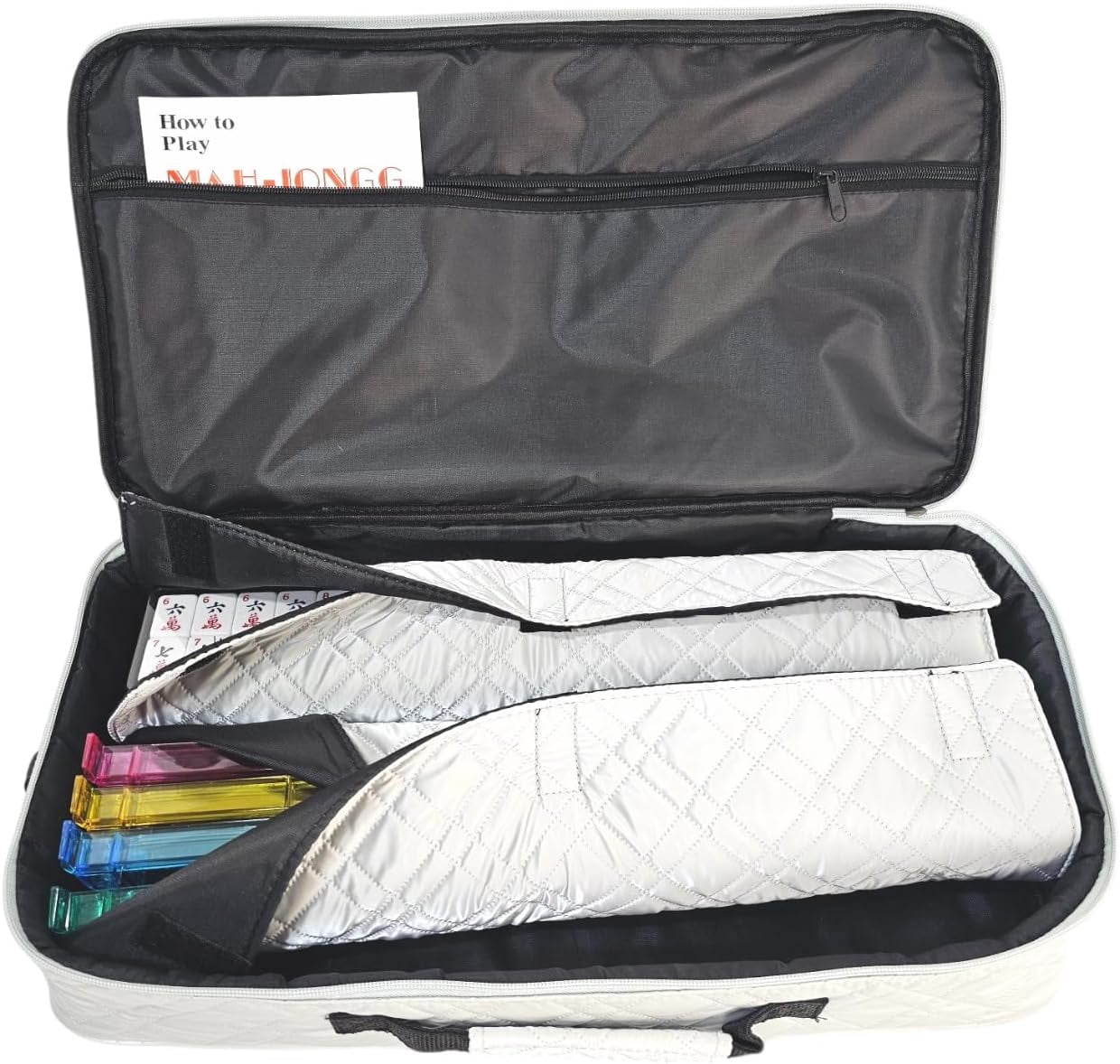 American Mahjong Set “Silver - Quilted PU Leather Carrying Bag with Shoulder Strap & Handles, All-in-One Tile Racks with Pushers, 166 Engraved Tiles, Dice, Bettor, Extra Tiles & Instructions