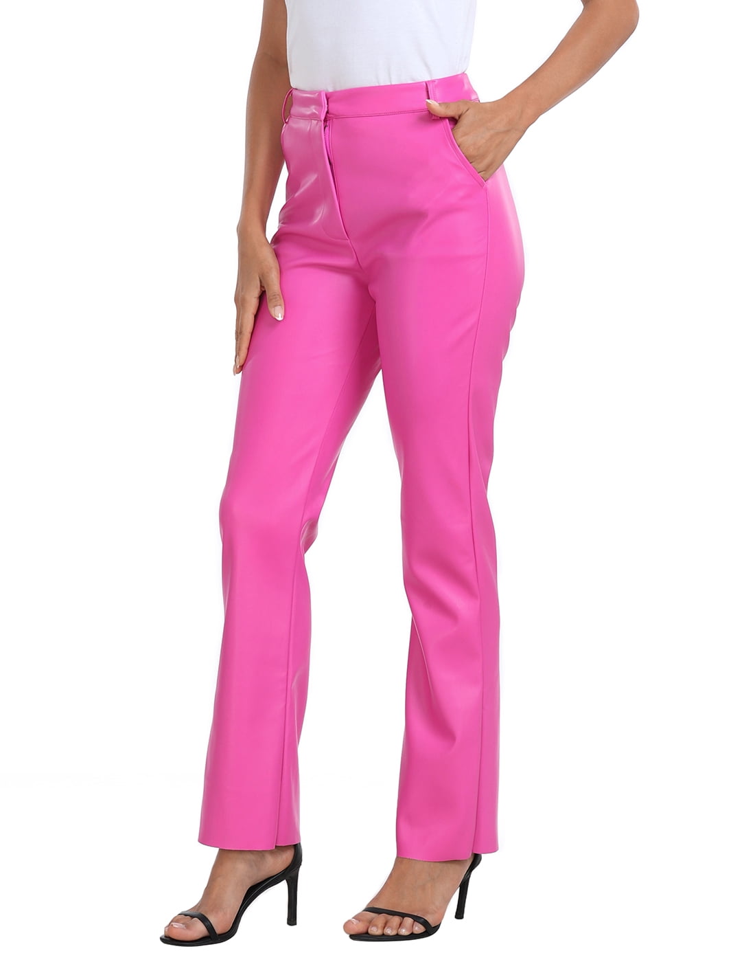 HDE Women's Faux Leather Pants High Waisted Trousers with Pockets Hot Pink - S