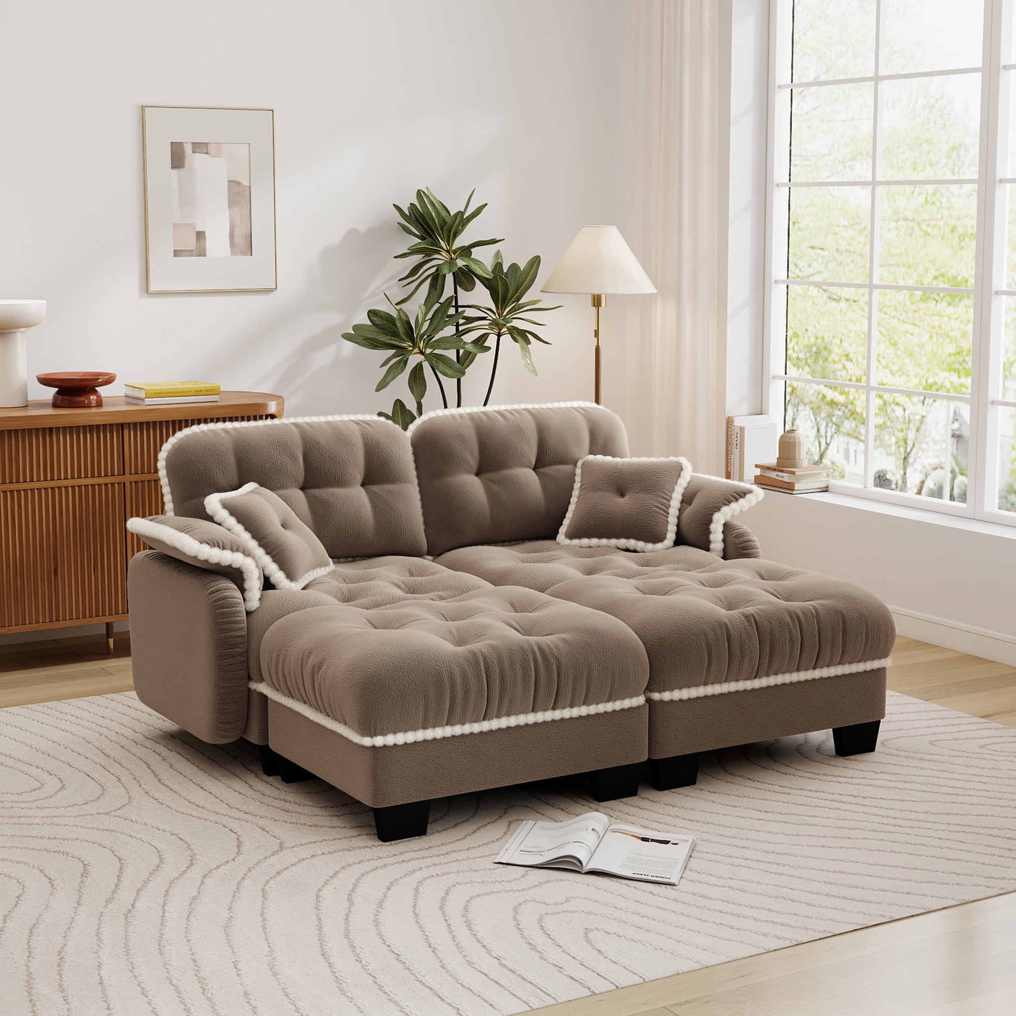 Aenkyo 70" Chenille Modular Sectional Sofa with 2 Ottomans, 23.8" Deep Seat, Camel