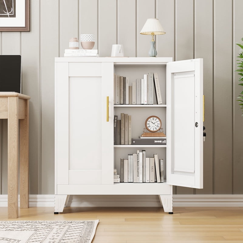 Erosoei Small Metal White Office Storage Cabinet with Shelves and Lock,Steel File Cabinet