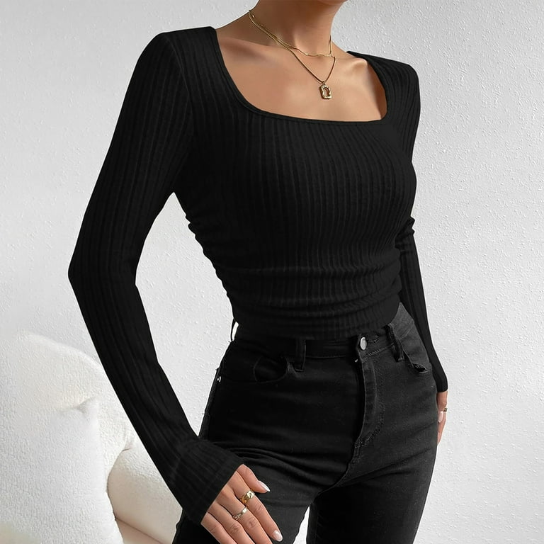 トップス SQUARE SLEEVE KNIT TOPS Women's Square Neck Sweater Solid Color Ruffled Long Sleeve