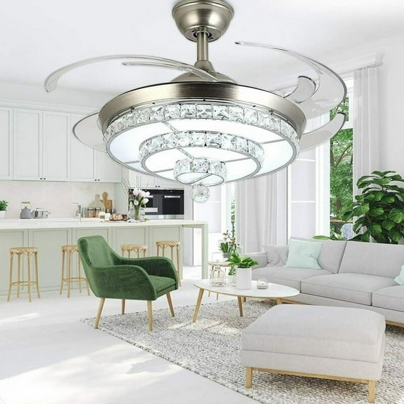 EAYSG 42'' Crystal Ceiling Fans with Lights,3 Color Remote Control Retractable Invisible Blades 3 Speeds Indoor Ceiling Light with Fan