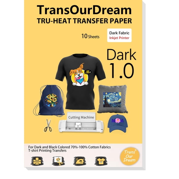 TransOurDream Iron on Heat Transfer Paper for Shirts(10 Sheets, 8.5x11") Iron-on Transfers Paper for Dark Fabric Printable Heat Transfer Vinyl for Inkjet Printer (CA-3-10)