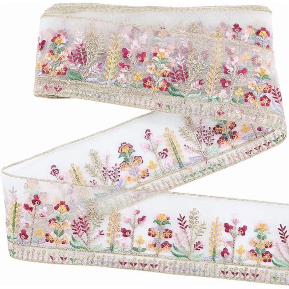 2.5 Inch Embroidered Jacquard Trim Tape Organza Sheer Floral Embroidery Ribbon Polyester Boho Flower Woven Fabric Applique Ribbons for Sewing Crafts Wedding Gift Wrapping Home Decor Supply Yellow