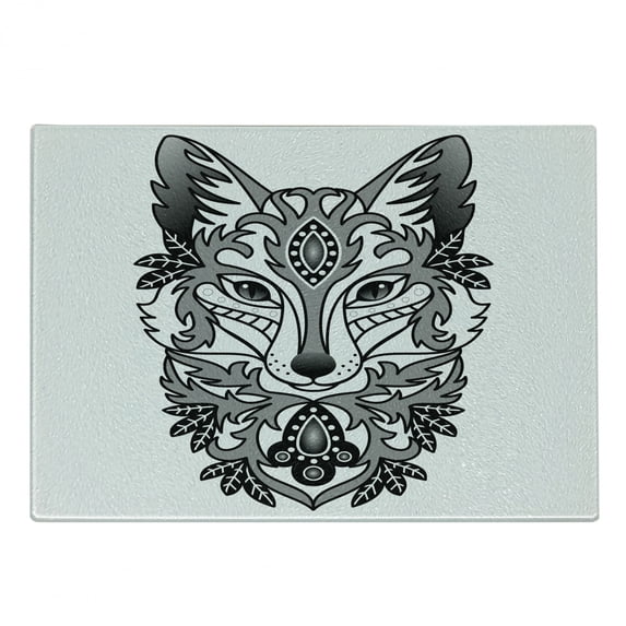 Fox Cutting Board, Ornamental Fox Face with Tree Leaves Oval Shapes Dots Floral Curves Art Print, Decorative Tempered Glass Cutting and Serving Board, Small Size, Grey Black White, by Ambesonne