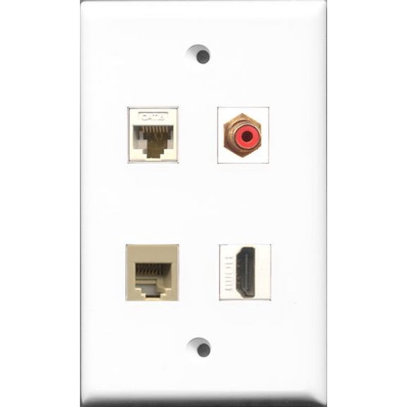 RiteAV 1 Port HDMI and 1 Port RCA Red and 1 Port Phone RJ11 RJ12 Beige and 1 Port Cat6 Ethernet White Wall Plate