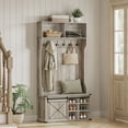 thumbnail image 2 of Hall Tree, Coat Rack with Shoe Bench, Entryway Furniture, Tri-Hooks, Rustic White and Honey Brown, 2 of 6