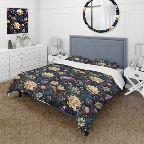 Designart "Mystical Lotus In Emerald" Purple Floral Bedding Covert Set - Cottage Bed Set With 1 Sham