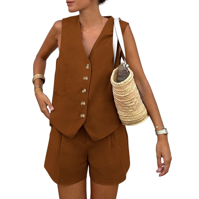 Conjunto Coordinado PRETTYGARDEN Chaleco sin Mangas y Shorts Marrón Talla L