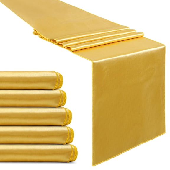 5 Pack Gold Satin Table Runners, 12x108 Inch Long Table Runner for Wedding Banquet Party Decor, Elegant Silk Fabric, Chair Sash, Reception, Gold