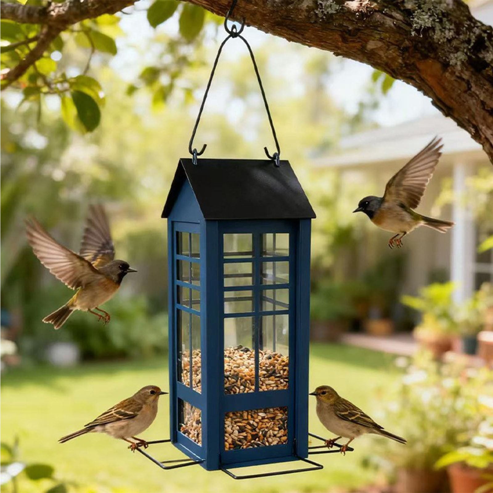 Iron Art Bird Feeder, Hanging Tray, Rust-Proof Mesh, Powder-Coated, 12.59x7.87x7.87in, for Garden/Courtyard Decor