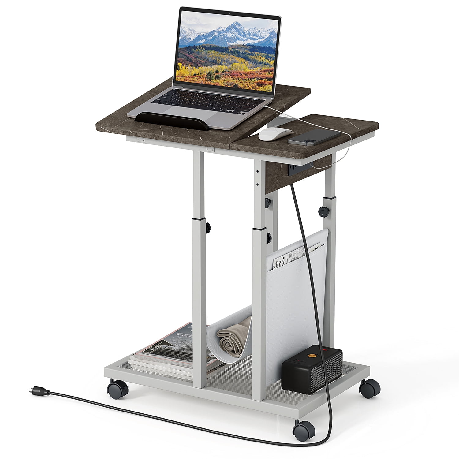 LINSY HOME Sofa Side Table with USB Ports and Outlets, Adjustable