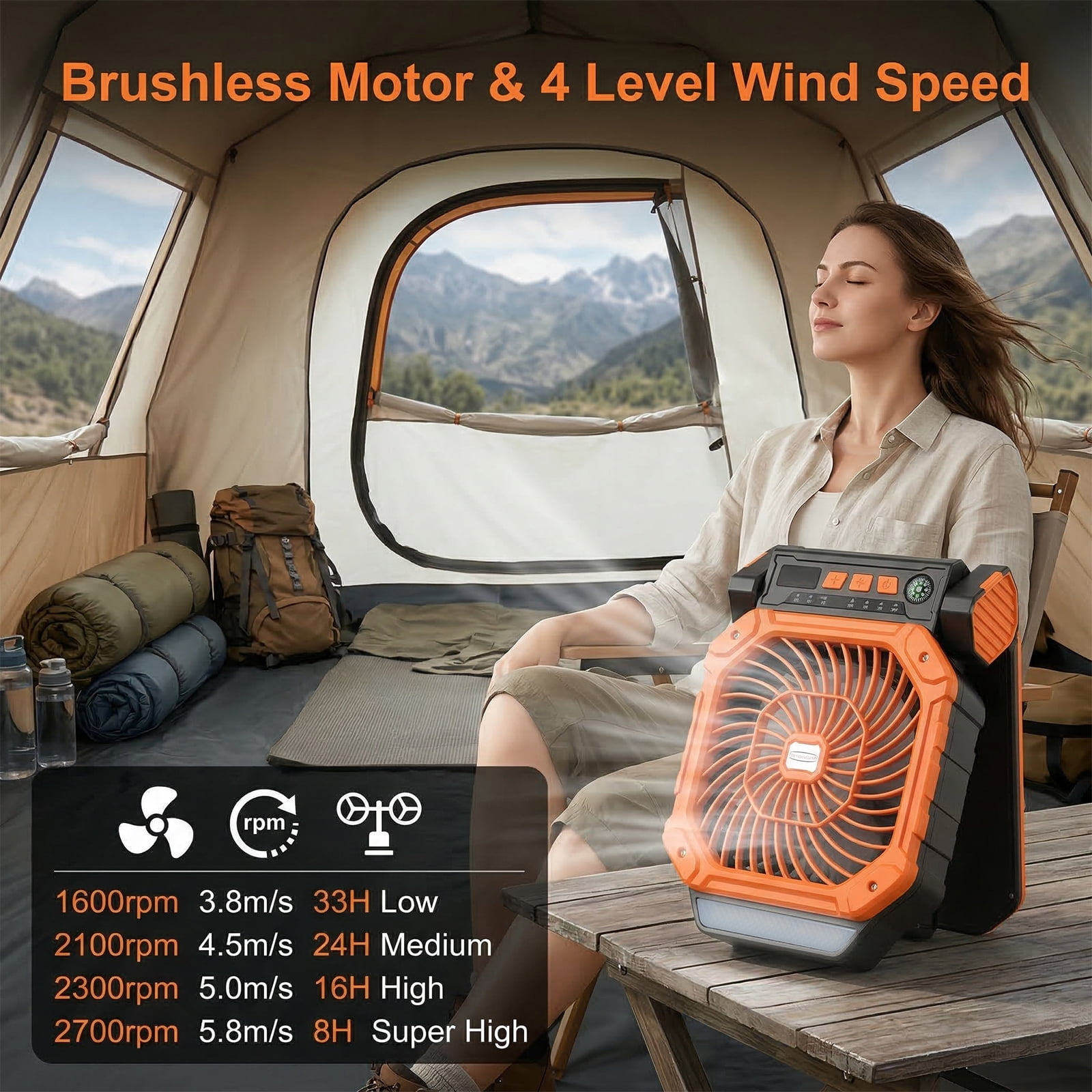 Fohil 20000mAh Solar Camping Fan with LED Light, Solar/USB Charging, 4-Speed Fan,3 Timer Settings, Phone Charging for Camping Fishing Travel Outdoor, Orange