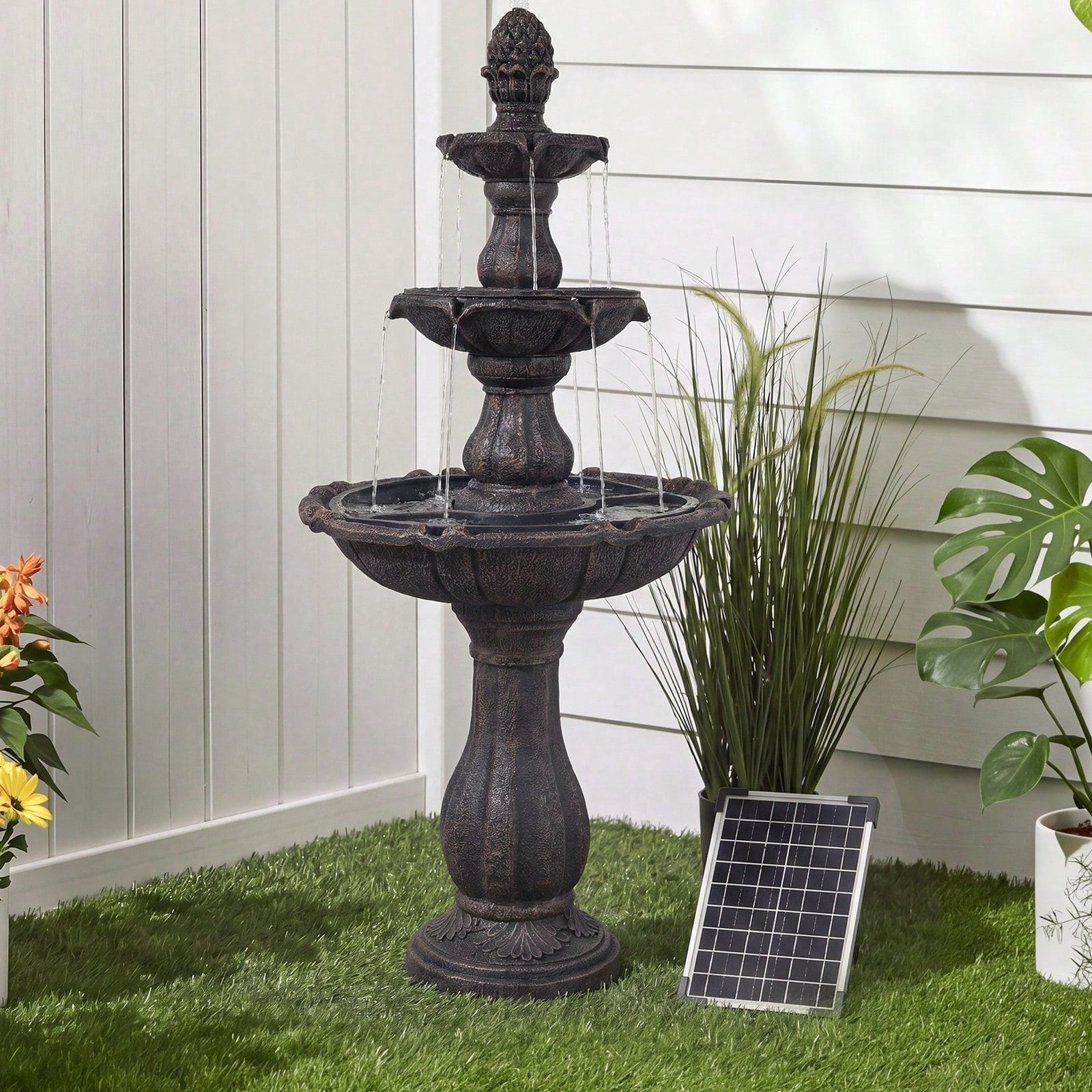 50.5 Inch 3-Tier Solar Outdoor Water Fountain, Pineapple Top Pedestal Waterfall with Warm LED Lights, Weather UV Resistant Resin, Low Noise Energy Saving, for for Yard Patio Home Decor