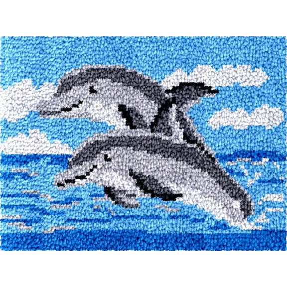 Latch Hook Kits Rug DIY Dolphins Animal Cushion Tapestry Making Crochet Hook Mat Making Kits Color Preprinted Pattern Canvas DIY Carpet Needlework Crochet Kits Sofa Decor 52x38cm