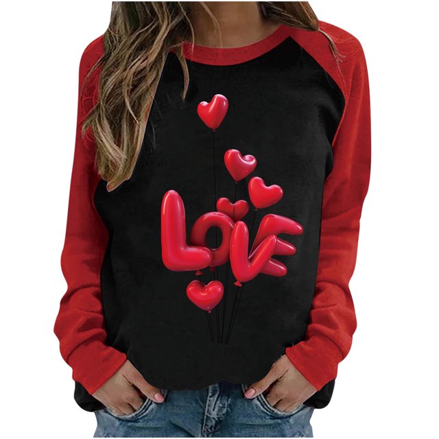 Día de San Valentín Moda Mujer Casual Manga larga O-cuello Patchwork Impreso Señoras Tops Pompotops gfhjh15837