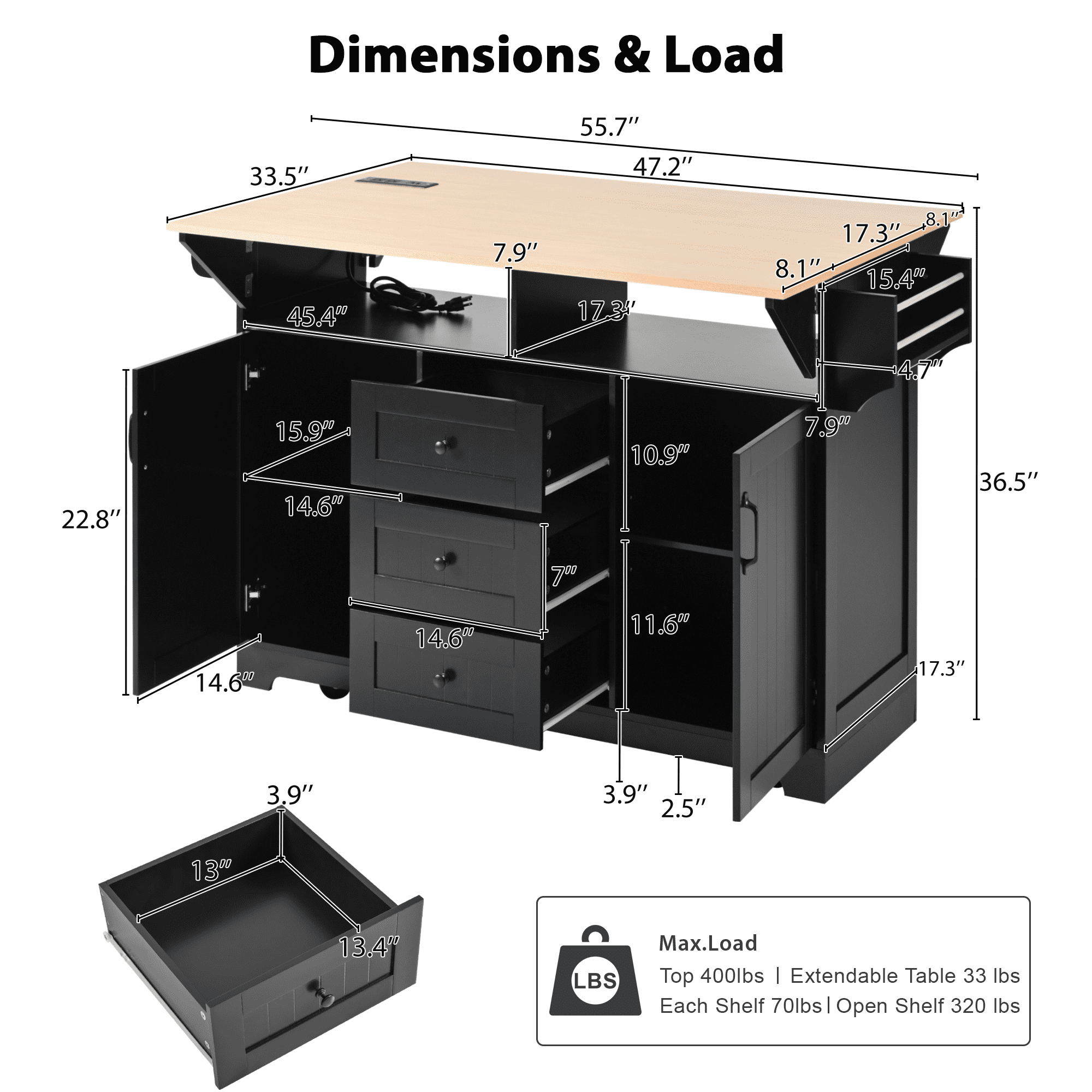 Yoneston 55.7" Kitchen Island with Drop Leaf and Power Outlet, Rolling Kitchen Cart with Spice Towel Rack, Folding Storage Dining Table with 3 Drawers 2 Doors for Kitchen Dining Room, Black