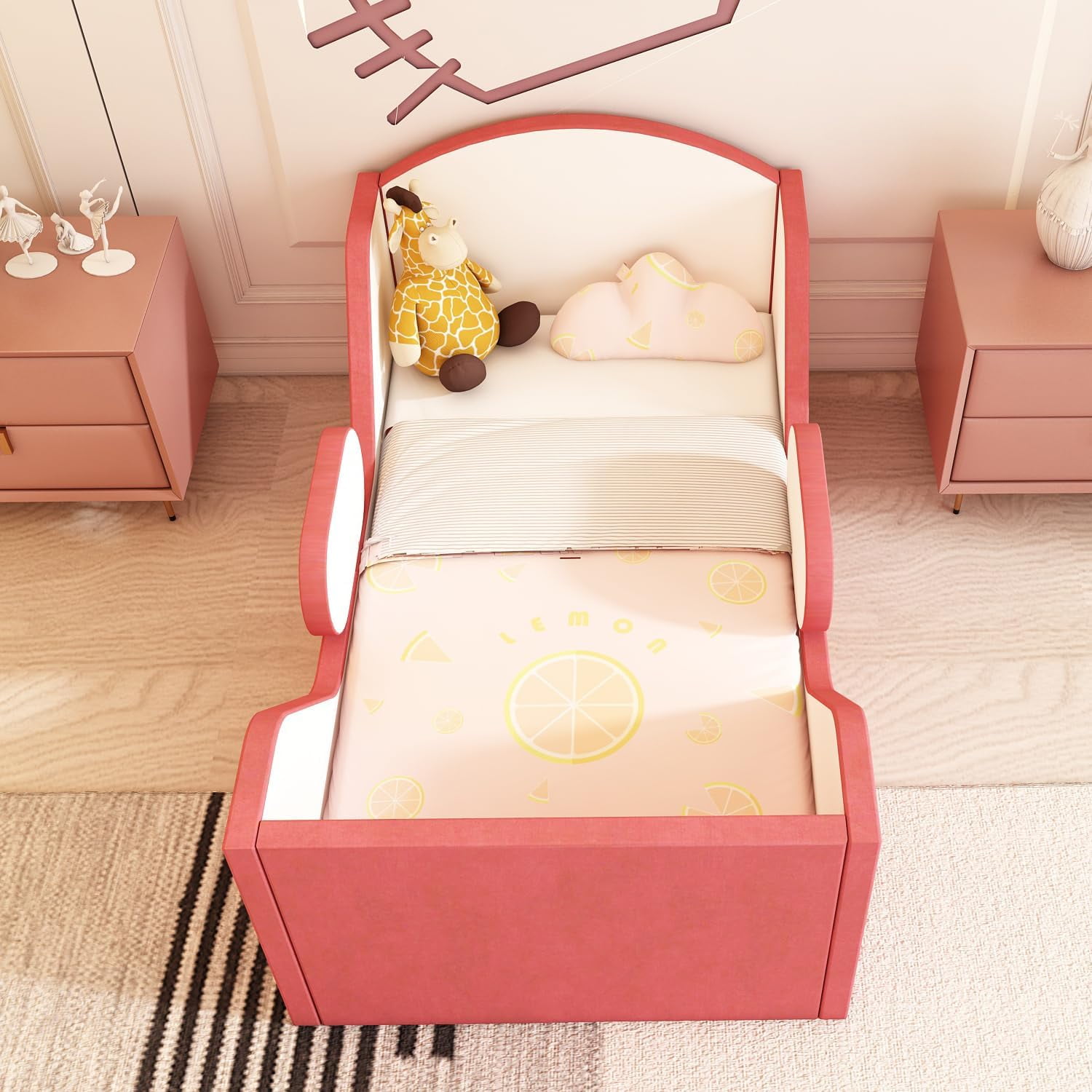 Weeonekids Toddler Bed Round, Toddler Bed with Rail and Round headboard, Standard Crib Size Toddler Upholstered Bed for Children 18 Months to 6 Years,Toddler Floor Bed (No Mattress)