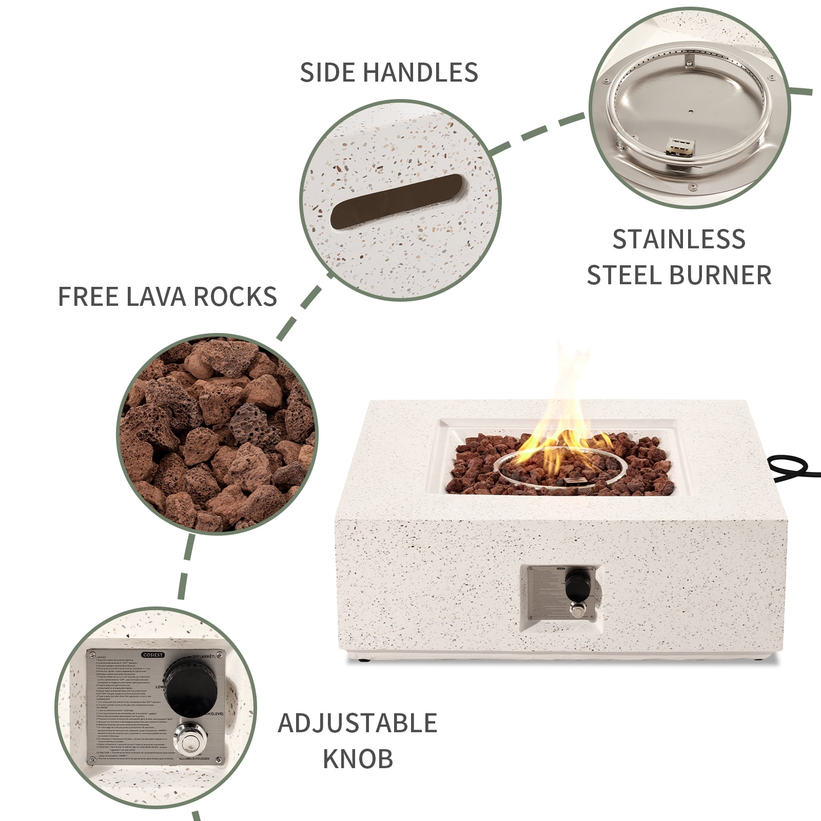VENTOPYR 35''Outdoor Square Propane Fire Pit Table,Terrazzo White Faux Stone Finish