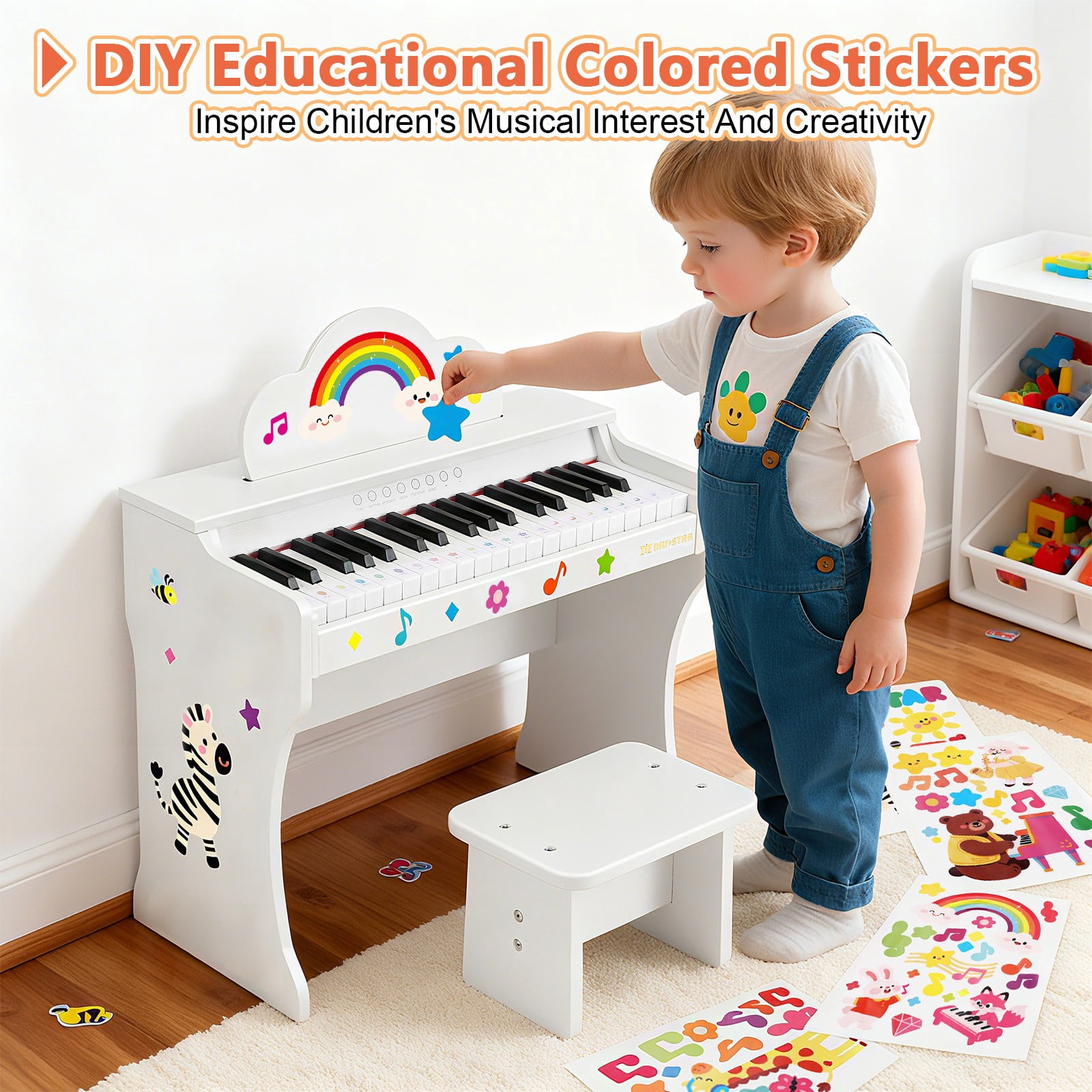 Mustar 37 Keys Kids Wooden Electronic Digital Piano Keyboard Music Education with Stool, Songbook, DIY Stickers (White)