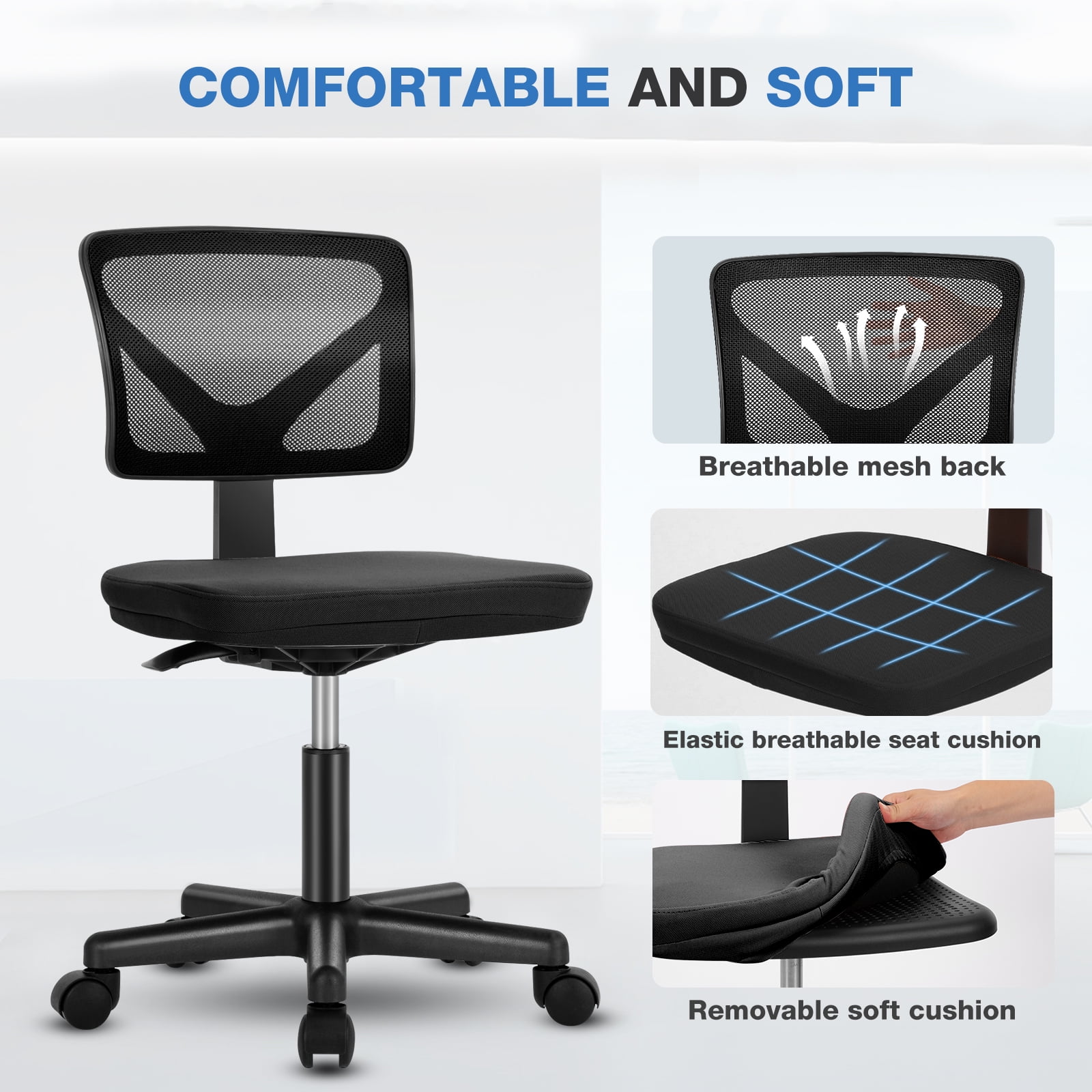 JOINSUN Armless Home Office Desk Chair for Small Space, Adjustable Height, Swivel Rolling Mesh Computer Chair, Black