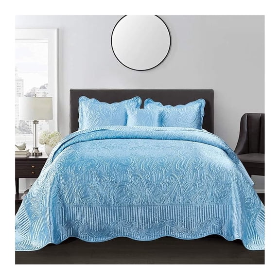 Quilted 4 Piece Bedspread Set, Paisley Design Bed Cover, Soft Lightweight Bedding Set for All Season, Embroidered Coverlet, Oversized Queen, Aqua(110" x 120")