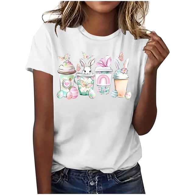 Mujeres Manga Corta de Verano Tops Pascua Impresa Cuello Redondo, Blusa de Moda Casual para la Primavera