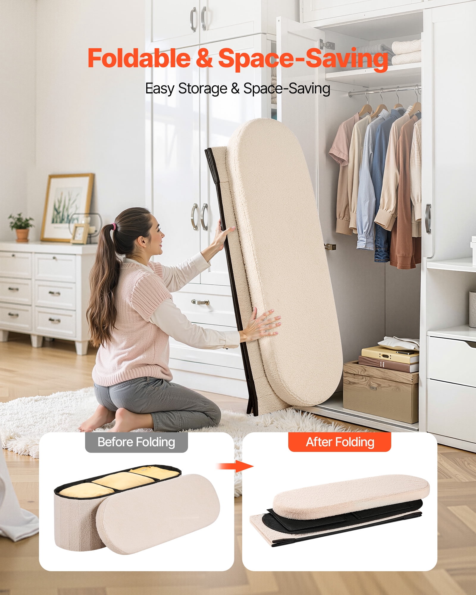 VEVOR Oval Storage Ottoman Bench, Foldable Teddy Fleece End of Bed Bench, Folding Upholstered Bed Ottoman Chest with Large Storage Space, Supports 660 lbs, for Living Room, Bedroom, Entryway, Beige
