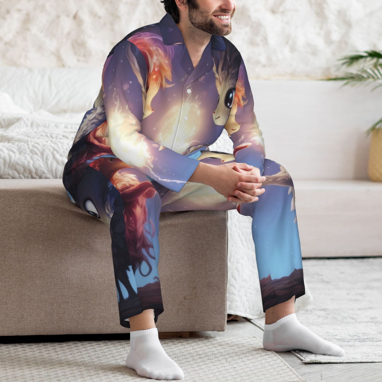Fuzoiu Dreamy Forest Elf Print Men's Long-Sleeved Pajama,Lounge Button Down Nightwear,Mens Notch Collar Pajama Set -Large
