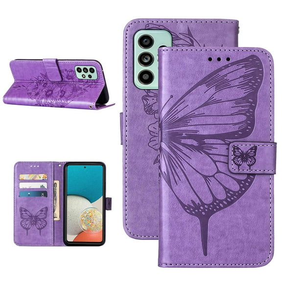 Allytech Case for Samsung Galaxy A53 5G,Shockproof Butterfly & Flower Embossed Pattern PU Leather Wallet Case with Card Slots Magnetic Flip Kickstand Phone Cover with Wrist Strap,Lightpurple