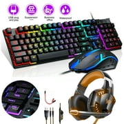 Gaming Keyboard and Mouse Combo with Gaming Headset, RGB Rainbow Backlit 104 Keys USB Wired Keyboard Mechanical Feeling, Gaming Headphone with Microphone for PS4 Xbox One Computer Gamer Office