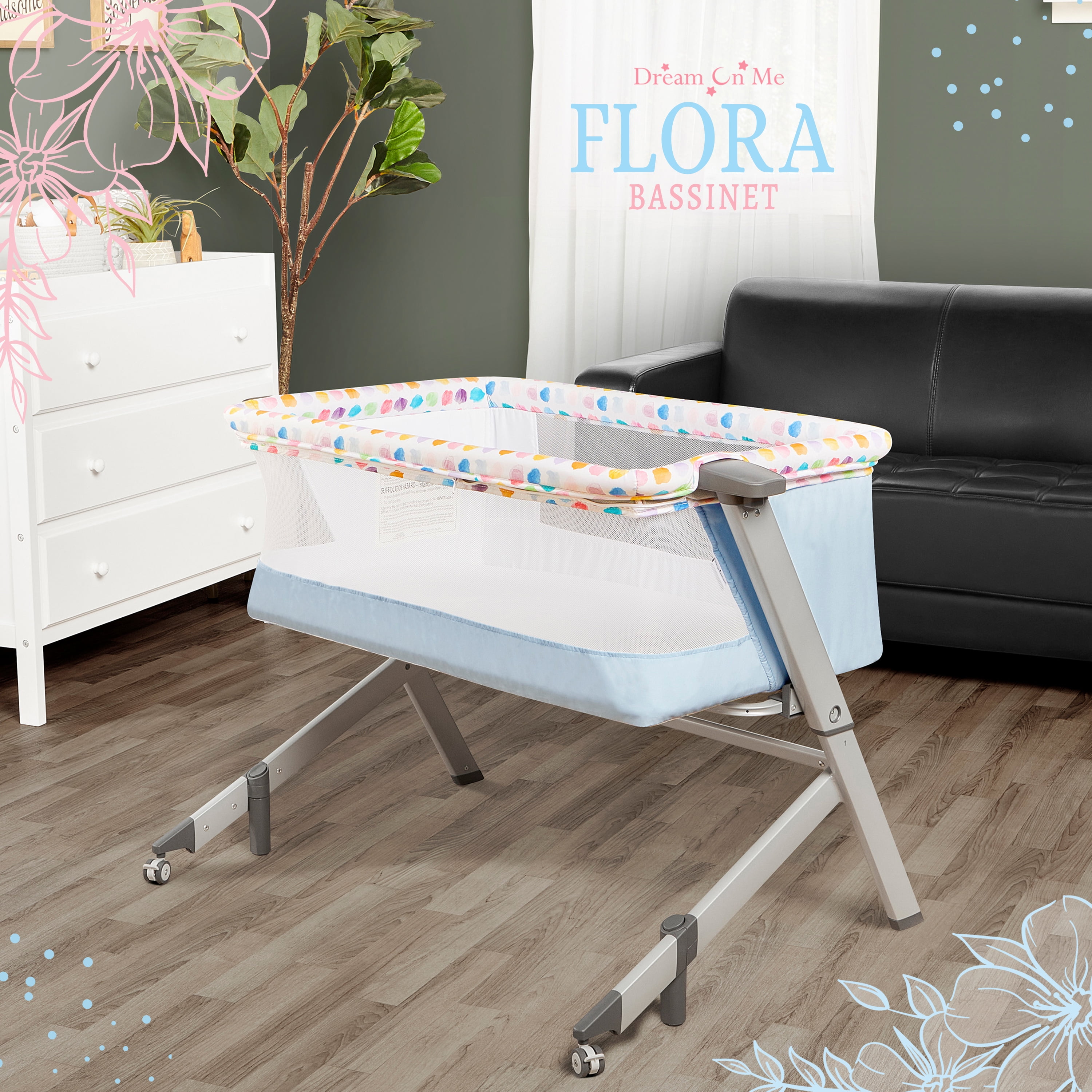Dream On Me Flora Bassinet with Carry Bag , Compact & Modern, Confetti Blue