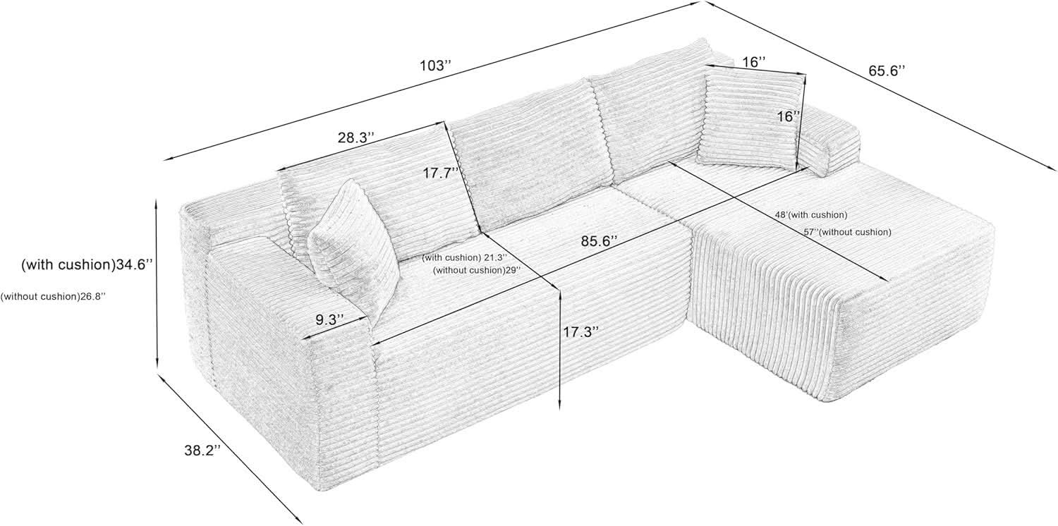 MAYEERTY L-Shaped Cloud Sectional Sofa, No Assembly Required Sleeper Couch for Bedroom & Apartment, 103×65" Dark Gray