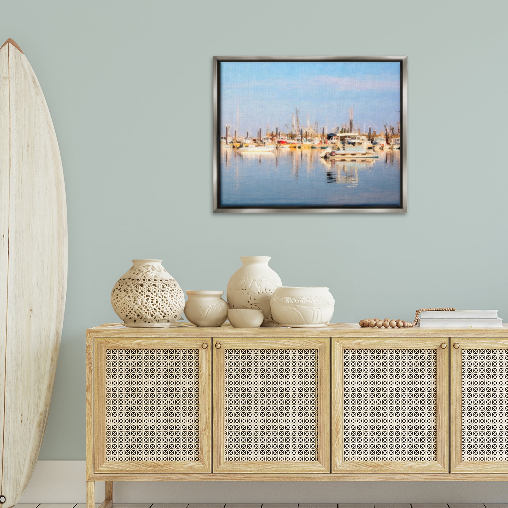 Stupell Industries Blurred Abstract Boat Marina Transportation Painting Gray Floater Framed Canvas Art Print Wall Art, 31 x 25