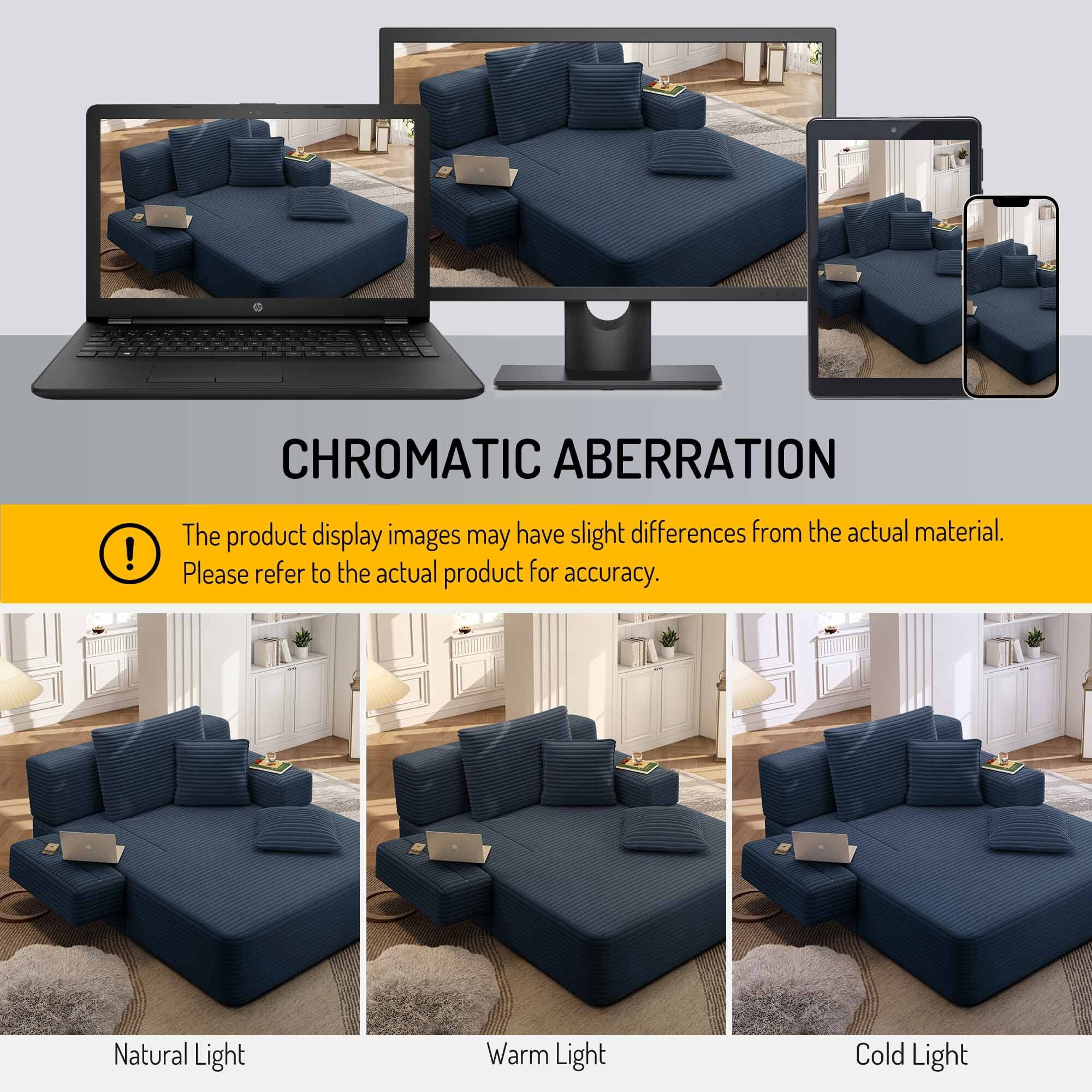Lunale Boneless Chaise Lounge Chair Indoor, Oversized Convertible Sofa Bed, Cloud Corduroy Sofa Chair for Living Room, Blue