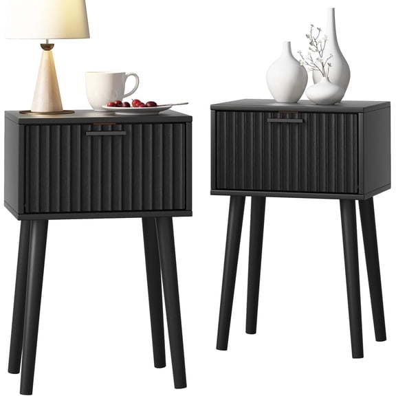 LL Nightstands Set of 2, Small Side Table, Bedside Table with Fluted Door, Solid Wood Feet; Modern Mid-Century End Table for Bedroom, Small Space (Black)