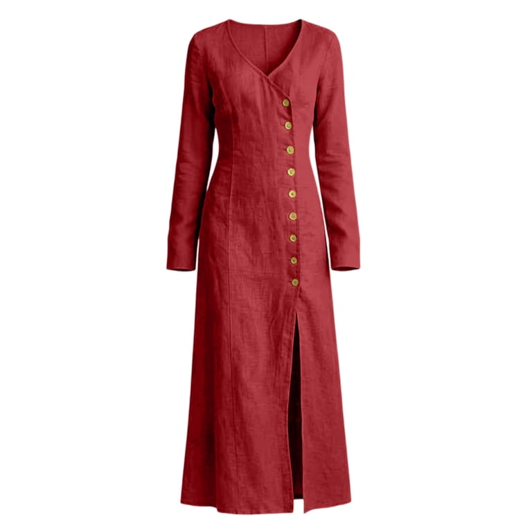 Ailaofu Women's Button Down Slit Dress Long Sleeve V Neck Casual Maxi Dress Fashion Solid Color Summer Dress - Walmart.com Ailaofu Women's Button Down Slit Dress Long Sleeve V Neck Casual Maxi Dress Fashion Solid Color Summer Dress - Walmart.com