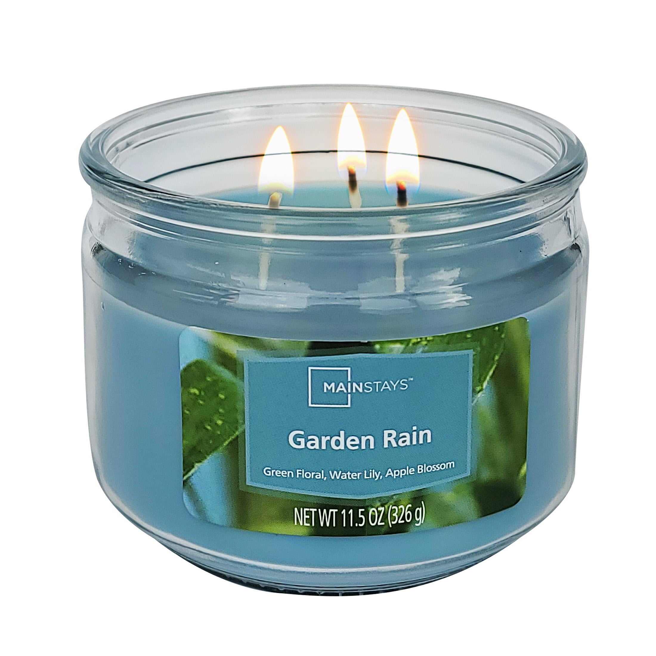 Mainstays 3-Wick Glass Jar Candle, Garden Rain, Blue, 11.5 oz